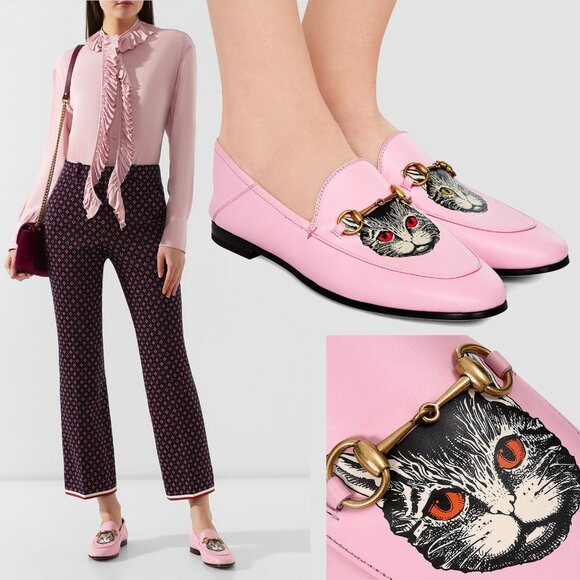 GUCCI SHOES BRIXTON PINK LEATHER LOAFER MYSTIC CAT w HORSEBIT sz 36 6 US - Picture 1 of 15